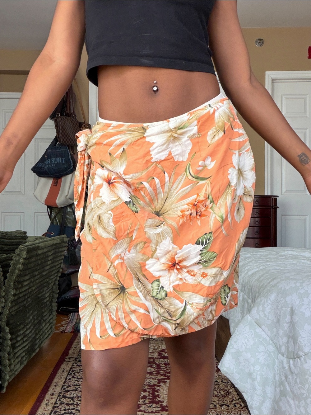 Sunny Leigh Silk Orange Tropical Floral Tie-Side Mini Skirt